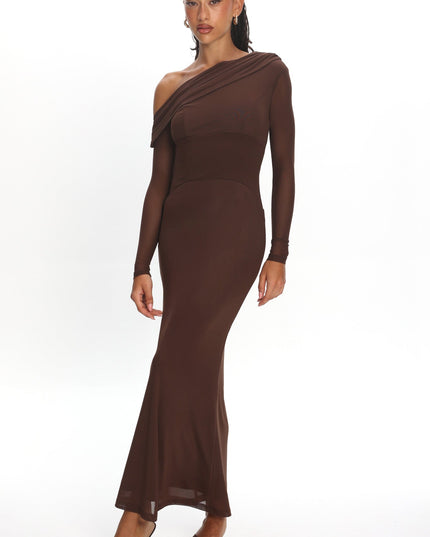 Chocolate Asymmetric Neckline Long Sleeve Maxi Dress