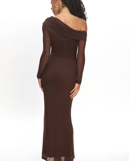 Chocolate Asymmetric Neckline Long Sleeve Maxi Dress