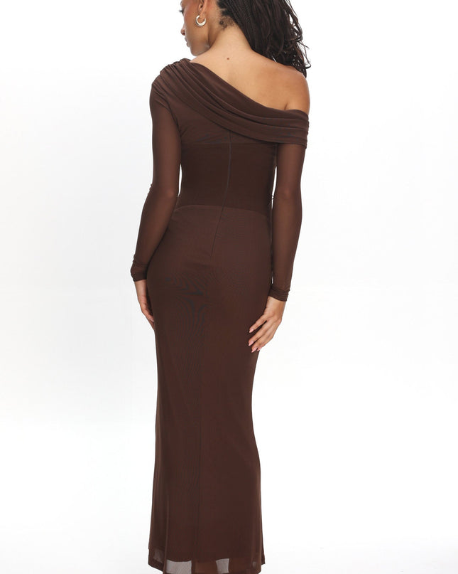 Chocolate Asymmetric Neckline Long Sleeve Maxi Dress