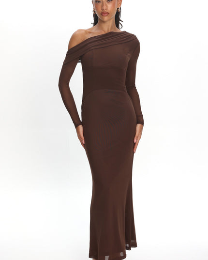 Chocolate Asymmetric Neckline Long Sleeve Maxi Dress
