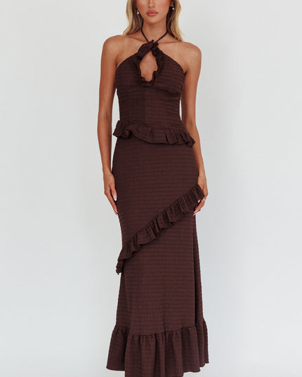 Chocolate Smocked Frill Trim Maxi Dress