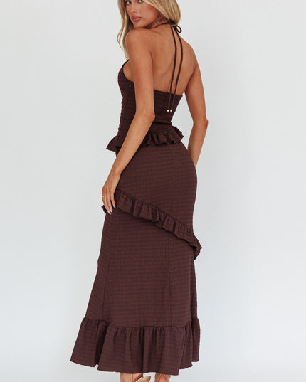 Chocolate Smocked Frill Trim Maxi Dress