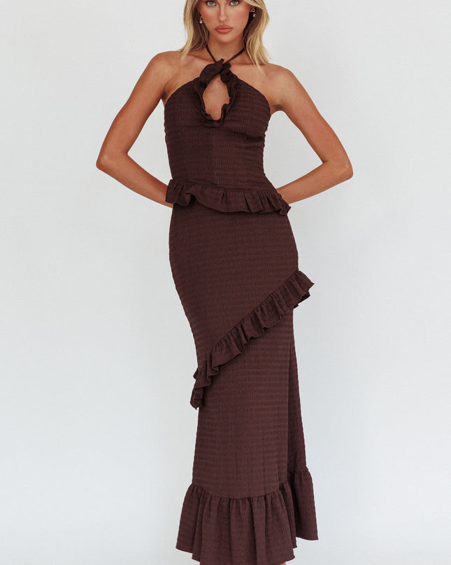 Chocolate Smocked Frill Trim Maxi Dress