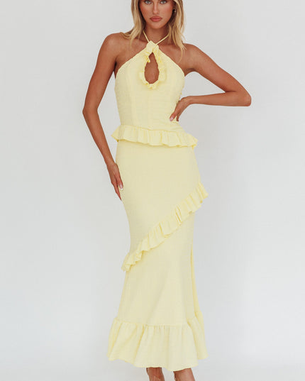 Lemon Smocked Frill Trim Maxi Dress