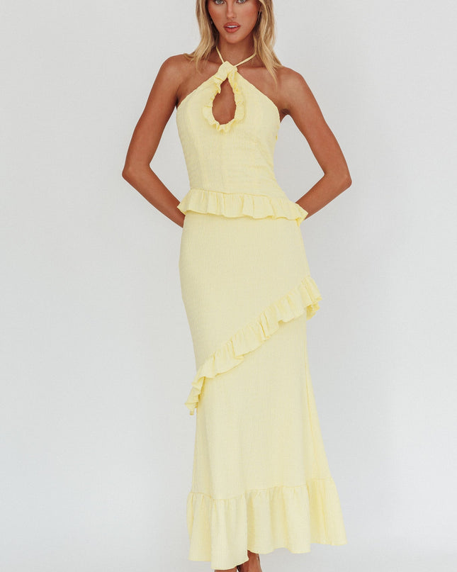 Lemon Smocked Frill Trim Maxi Dress