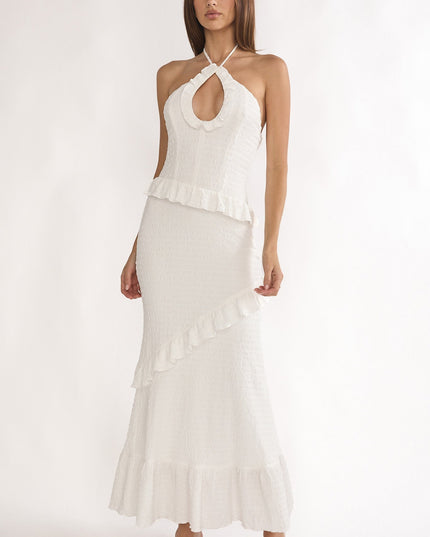 White Smocked Frill Trim Maxi Dress