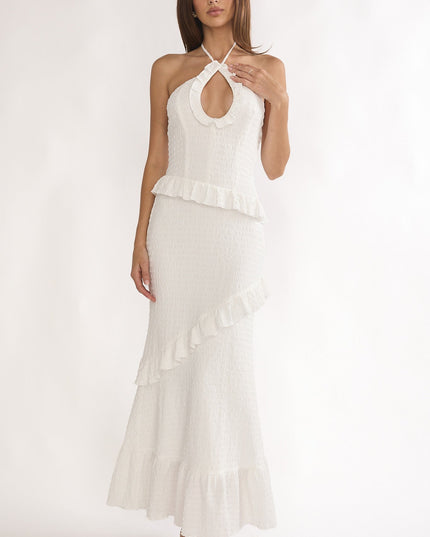 White Smocked Frill Trim Maxi Dress