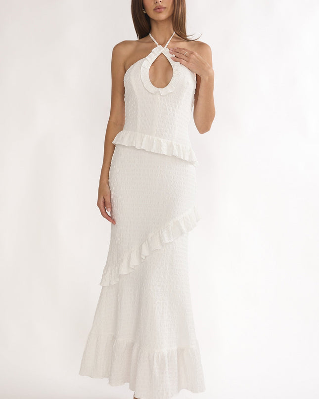 White Smocked Frill Trim Maxi Dress
