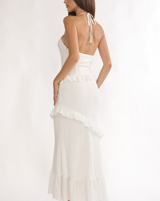 White Smocked Frill Trim Maxi Dress