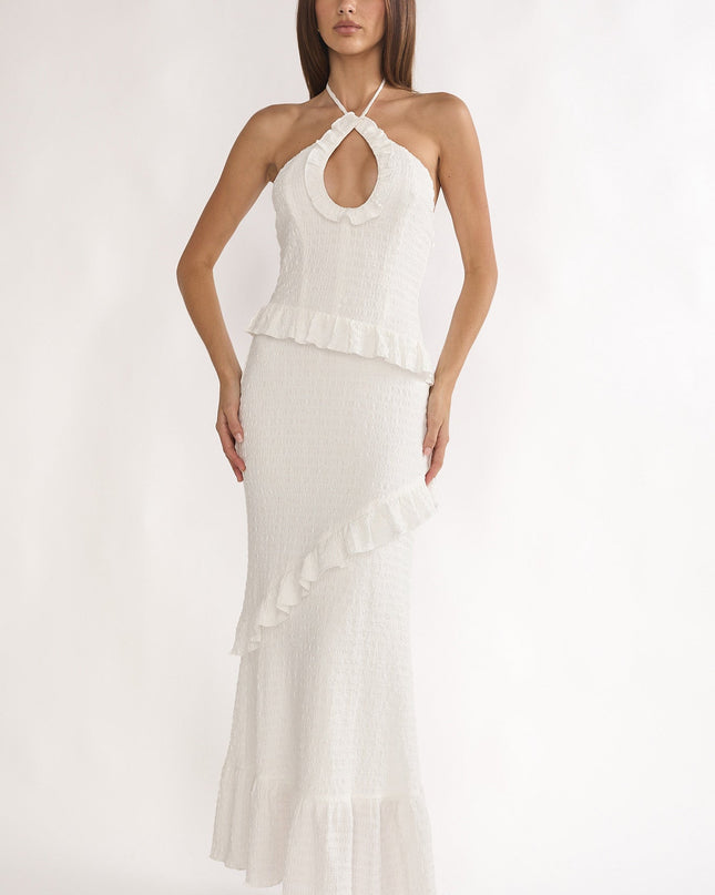 White Smocked Frill Trim Maxi Dress