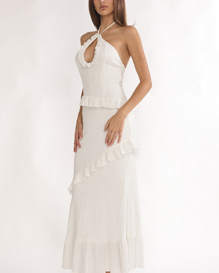 White Smocked Frill Trim Maxi Dress