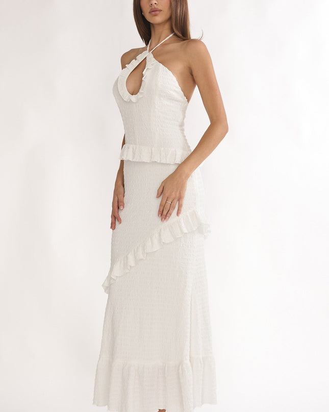 White Smocked Frill Trim Maxi Dress