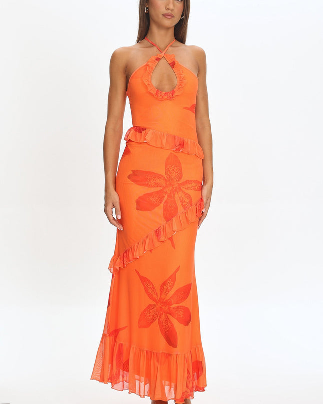 Orange Mesh Overlay Frill Trim Maxi Dress Floral