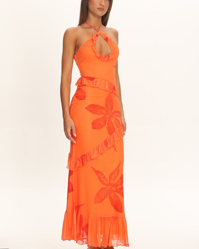 Orange Mesh Overlay Frill Trim Maxi Dress Floral