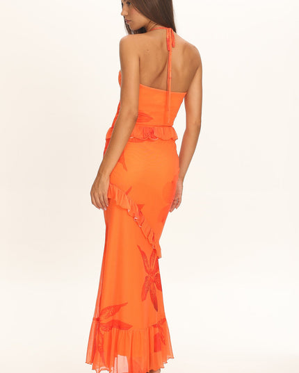 Orange Mesh Overlay Frill Trim Maxi Dress Floral