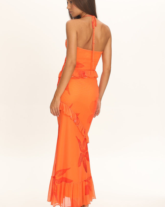 Orange Mesh Overlay Frill Trim Maxi Dress Floral