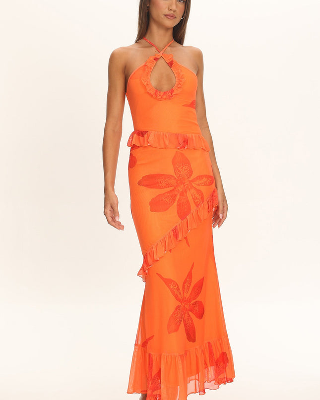 Orange Mesh Overlay Frill Trim Maxi Dress Floral