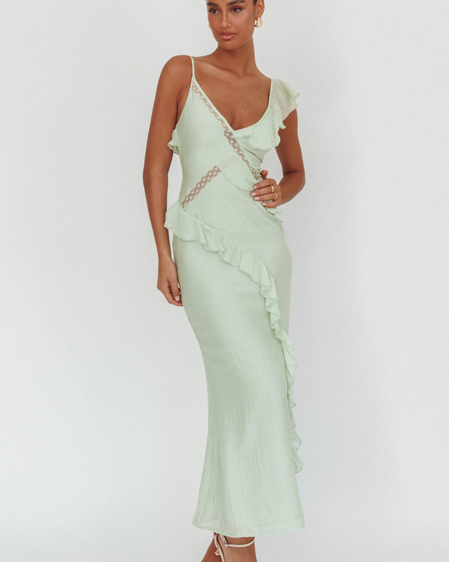 Sage Ruffle And Lace Trim Maxi Dress