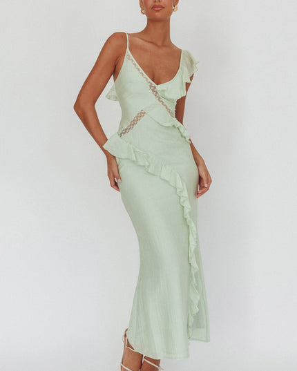 Sage Ruffle And Lace Trim Maxi Dress