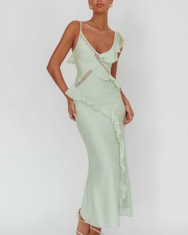 Sage Ruffle And Lace Trim Maxi Dress