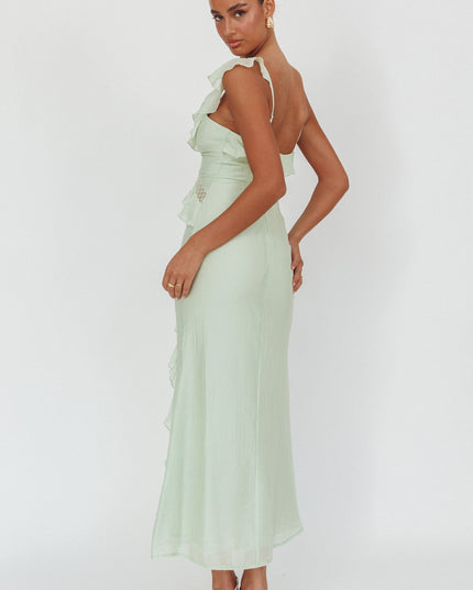 Sage Ruffle And Lace Trim Maxi Dress