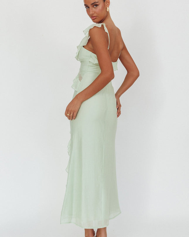 Sage Ruffle And Lace Trim Maxi Dress