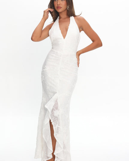 White Halter Split Maxi Dress
