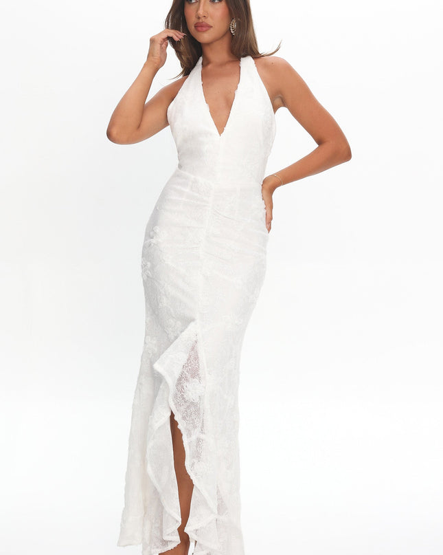White Halter Split Maxi Dress