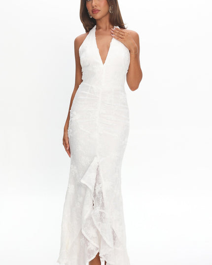 White Halter Split Maxi Dress