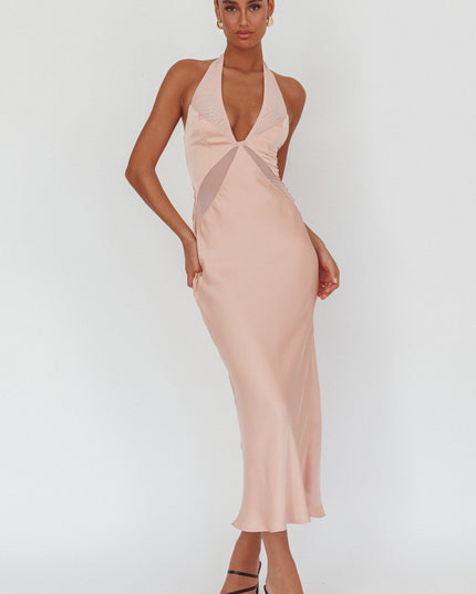 Rose Sheer Panel Halter Maxi Dress