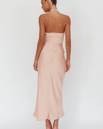 Rose Sheer Panel Halter Maxi Dress