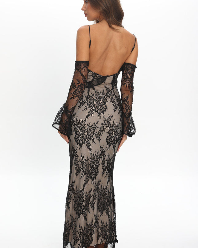 Black Off-Shoulder Sleeve Lace Maxi Dress