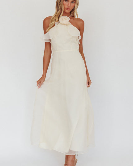 Vanilla Ruffle Neckline Rosette Maxi