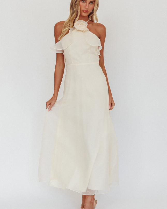 Vanilla Ruffle Neckline Rosette Maxi