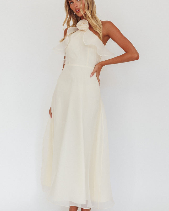 Vanilla Ruffle Neckline Rosette Maxi