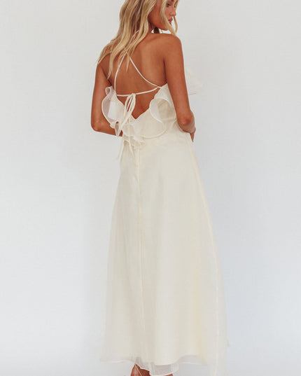 Vanilla Ruffle Neckline Rosette Maxi