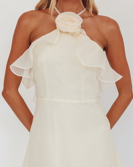 Vanilla Ruffle Neckline Rosette Maxi