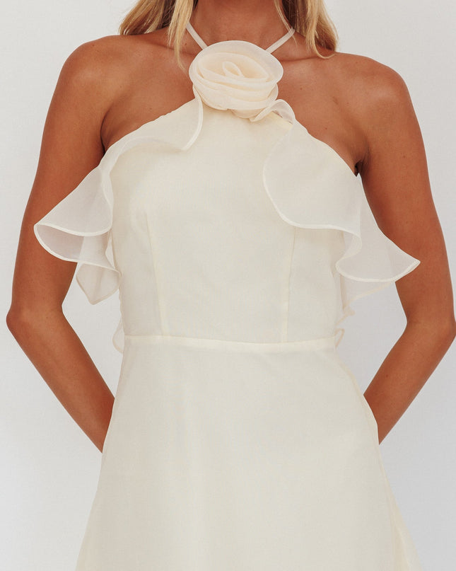 Vanilla Ruffle Neckline Rosette Maxi