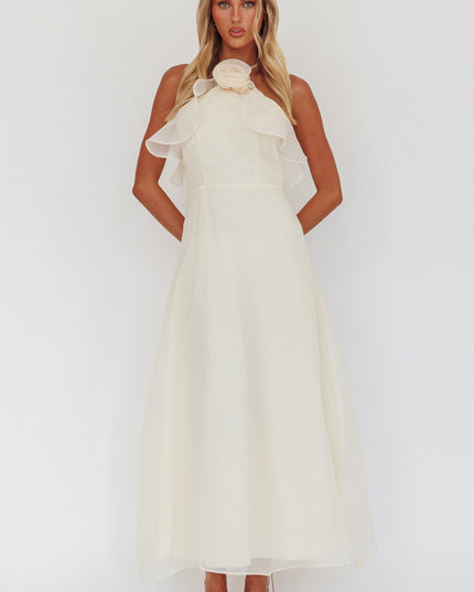 Vanilla Ruffle Neckline Rosette Maxi