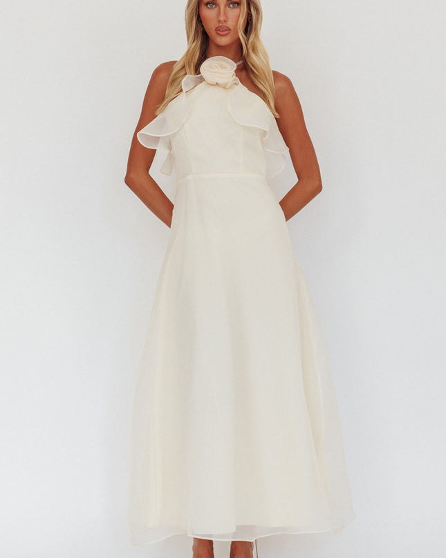 Vanilla Ruffle Neckline Rosette Maxi