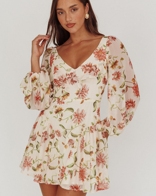 Beige One Balloon Sleeve Mini Dress Floral