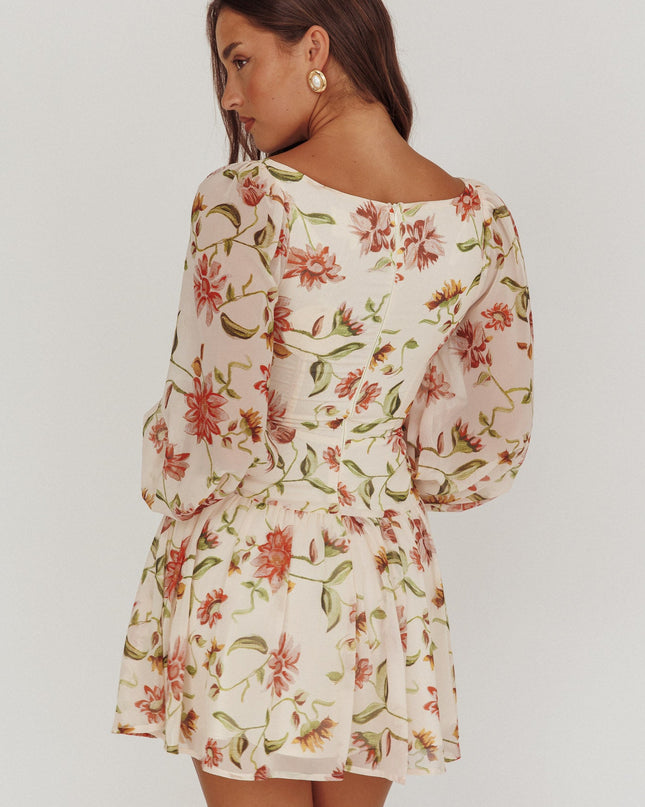 Beige One Balloon Sleeve Mini Dress Floral