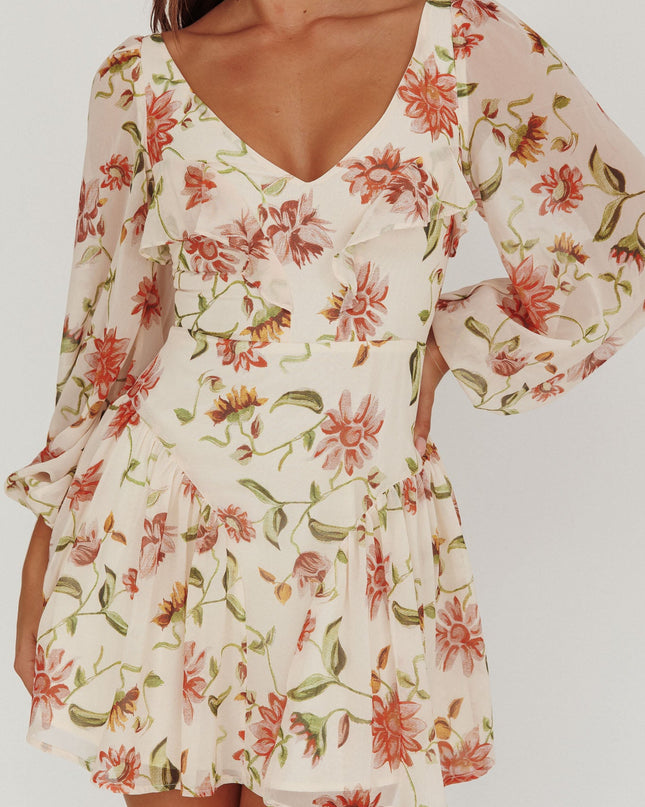 Beige One Balloon Sleeve Mini Dress Floral
