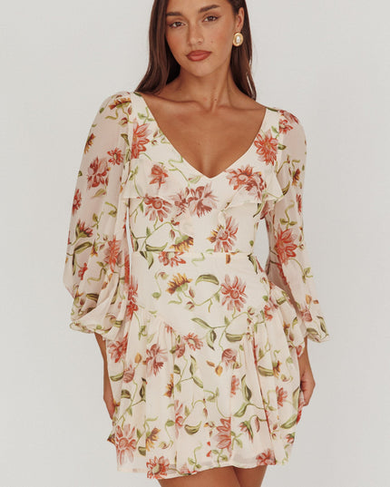 Beige One Balloon Sleeve Mini Dress Floral