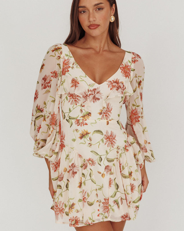 Beige One Balloon Sleeve Mini Dress Floral
