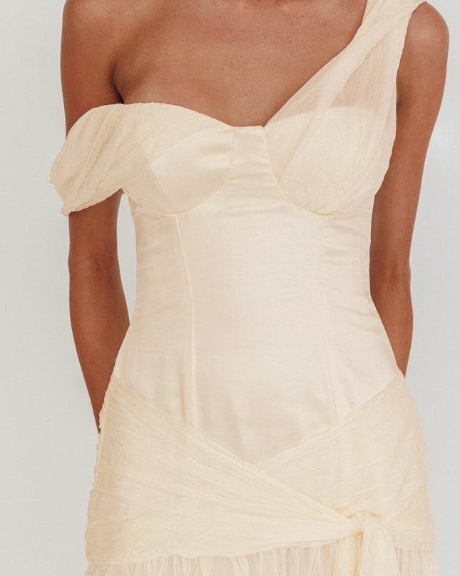 Oyster Crepe Chiffon One-Shoulder Maxi Dress