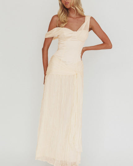 Oyster Crepe Chiffon One-Shoulder Maxi Dress