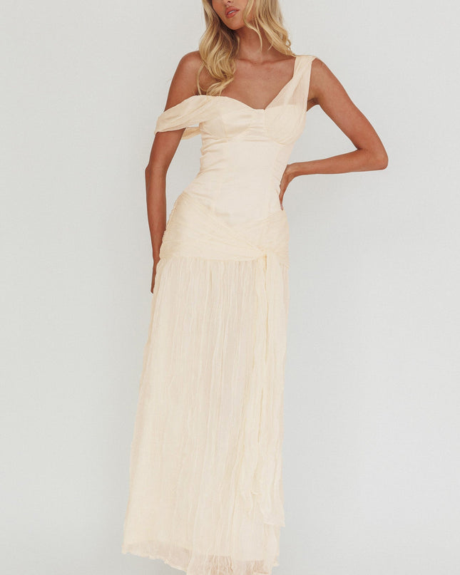 Oyster Crepe Chiffon One-Shoulder Maxi Dress
