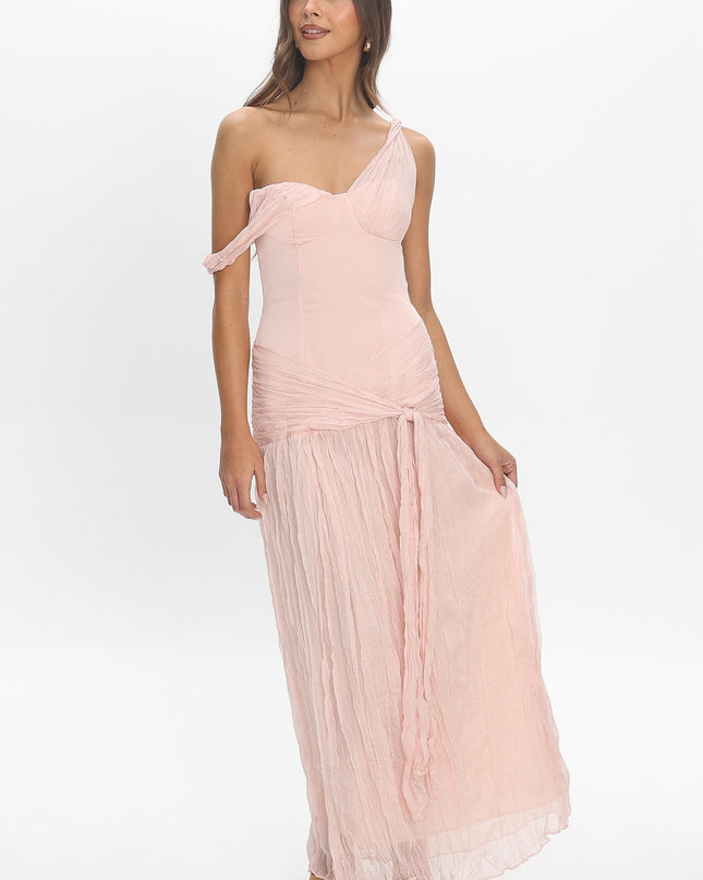 Light Pink Crepe Chiffon One-Shoulder Maxi Dress