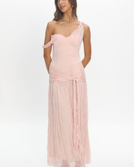 Light Pink Crepe Chiffon One-Shoulder Maxi Dress